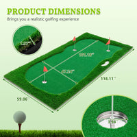 HKM-273491 Indoor Outdoor Golf Putting Green - 10x5 FT Training Mat with 3 Holes, Flags and Cups