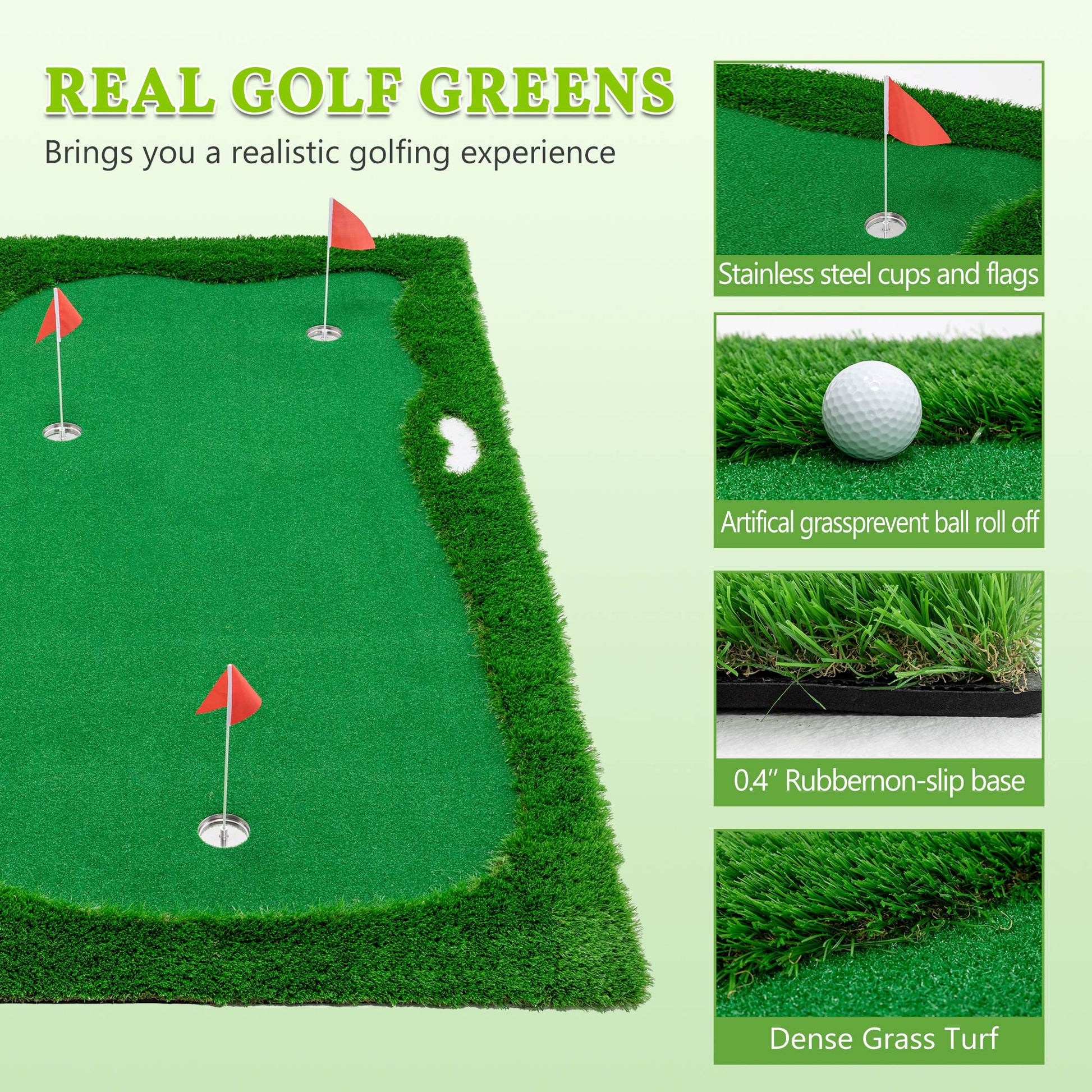 HKM-273491 Indoor Outdoor Golf Putting Green - 10x5 FT Training Mat with 3 Holes, Flags and Cups