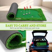 HKM-273491 Indoor Outdoor Golf Putting Green - 10x5 FT Training Mat with 3 Holes, Flags and Cups