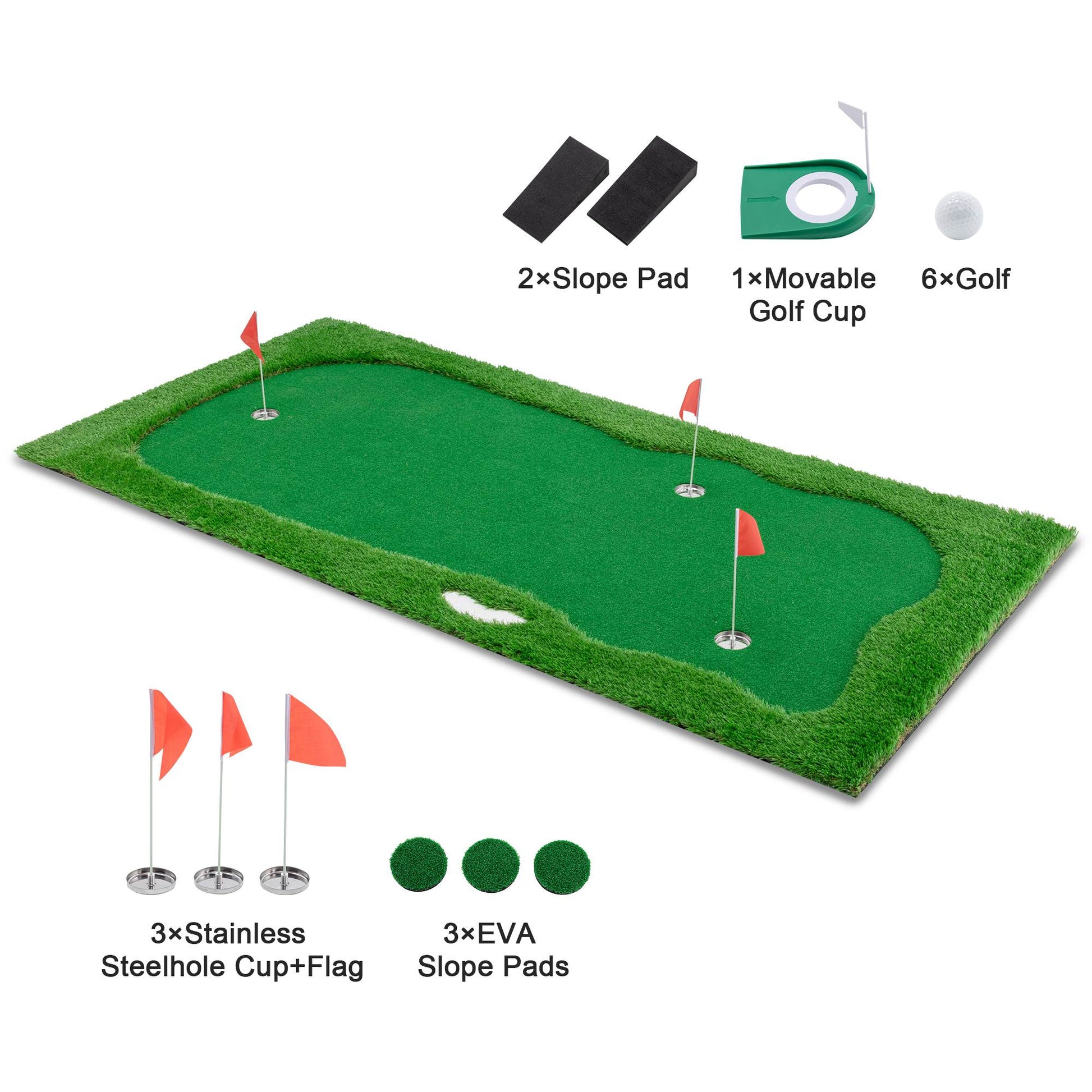 HKM-273491 Indoor Outdoor Golf Putting Green - 10x5 FT Training Mat with 3 Holes, Flags and Cups