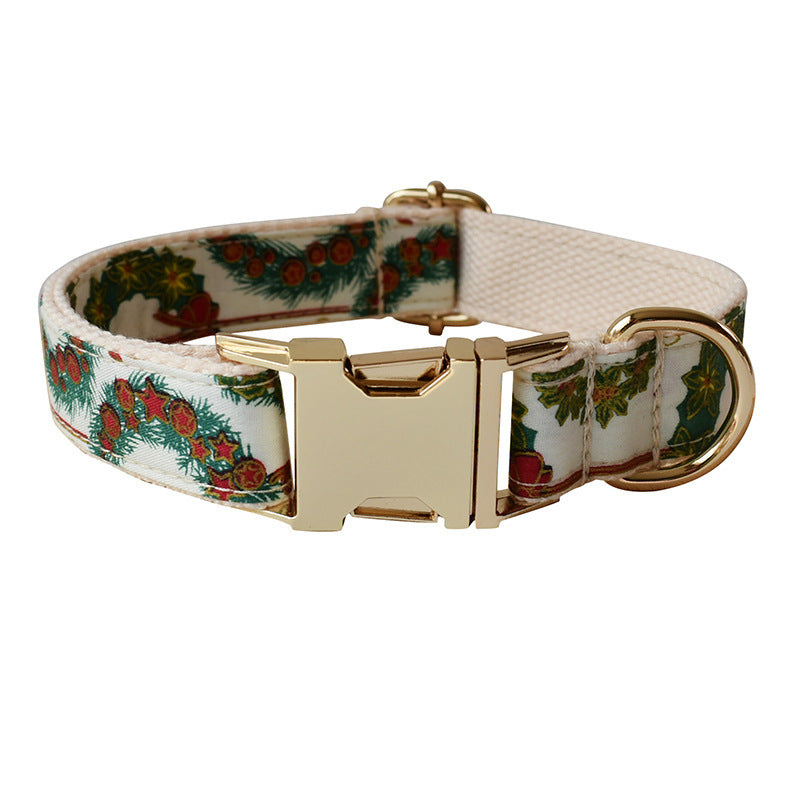 HKM-102099 Christmas Wreath Cotton Dog Collar with Bow Knot and Leash Set, All Seasons, Sizes S-XL