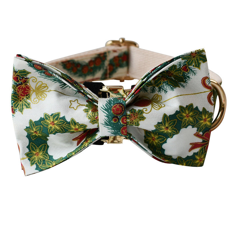 HKM-102099 Christmas Wreath Cotton Dog Collar with Bow Knot and Leash Set, All Seasons, Sizes S-XL