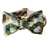 HKM-102099 Christmas Wreath Cotton Dog Collar with Bow Knot and Leash Set, All Seasons, Sizes S-XL