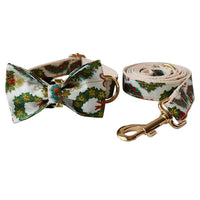 HKM-102099 Christmas Wreath Cotton Dog Collar with Bow Knot and Leash Set, All Seasons, Sizes S-XL