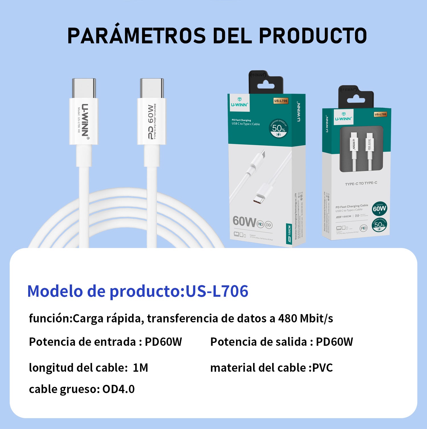 HKM-886227 USB-C to USB-C Cable, 1M Length, 60W Power Delivery, Data Transfer Speed of 480 Mbps, PVC Material