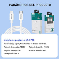 HKM-886227 USB-C to USB-C Cable, 1M Length, 60W Power Delivery, Data Transfer Speed of 480 Mbps, PVC Material
