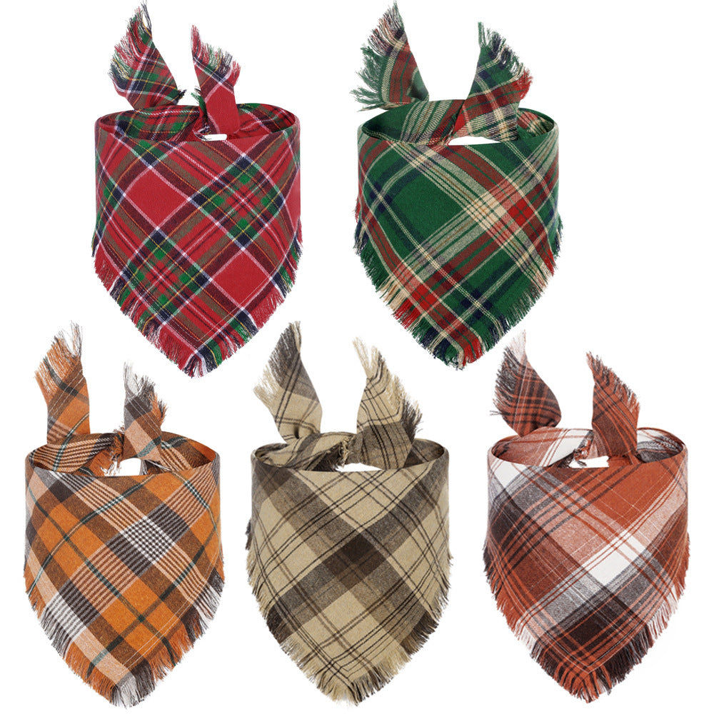 HKM-041363 Fall Plaid Triangle Dog Bandana with Tassel Edges for Thanksgiving and Everyday Wear