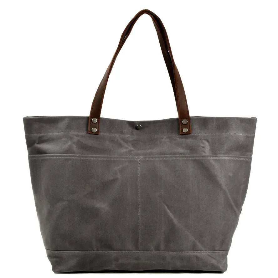 KTX-004307 Large Capacity Waxed Canvas Tote Bag with Genuine Leather Strap and Water-Resistant Design