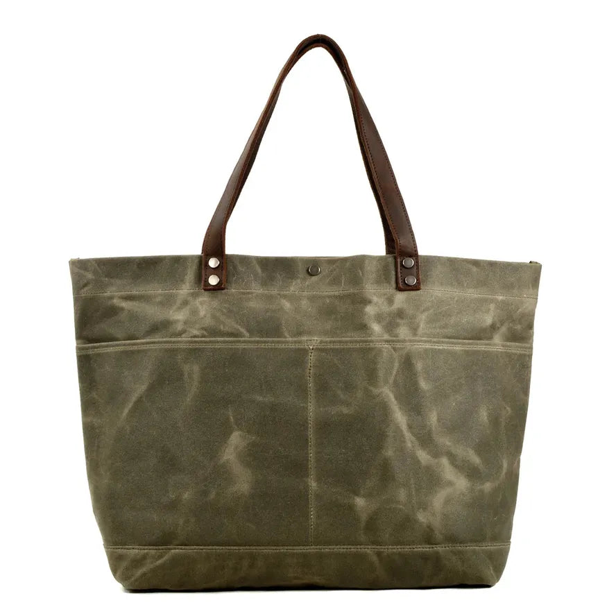 KTX-004307 Large Capacity Waxed Canvas Tote Bag with Genuine Leather Strap and Water-Resistant Design
