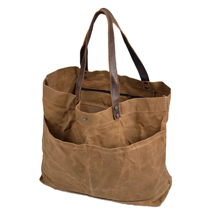 KTX-004307 Large Capacity Waxed Canvas Tote Bag with Genuine Leather Strap and Water-Resistant Design