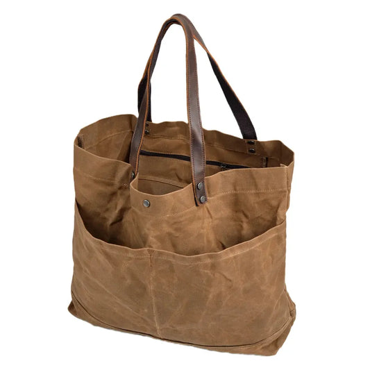 KTX-004307 Large Capacity Waxed Canvas Tote Bag with Genuine Leather Strap and Water-Resistant Design