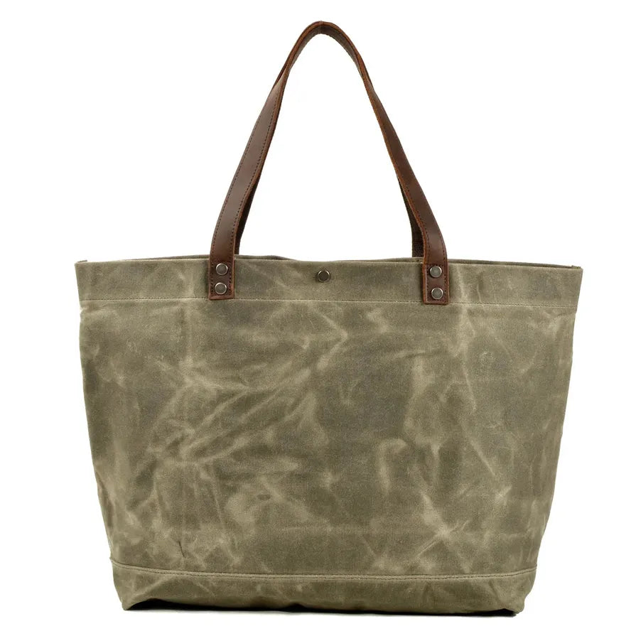 KTX-004307 Large Capacity Waxed Canvas Tote Bag with Genuine Leather Strap and Water-Resistant Design