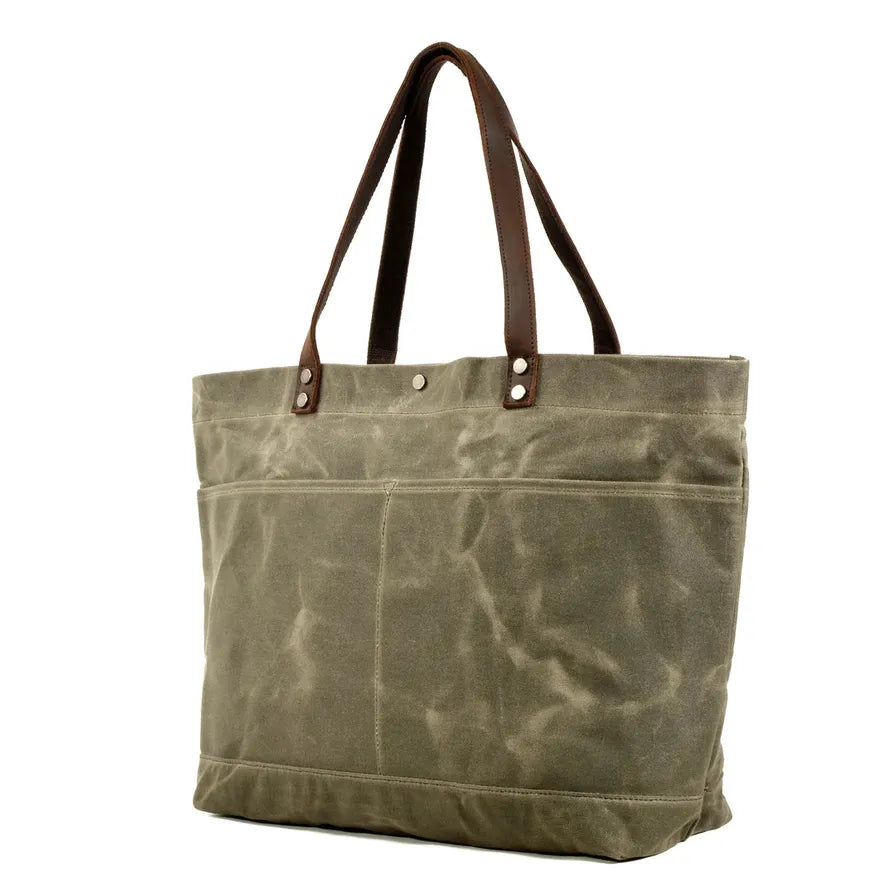 KTX-004307 Large Capacity Waxed Canvas Tote Bag with Genuine Leather Strap and Water-Resistant Design