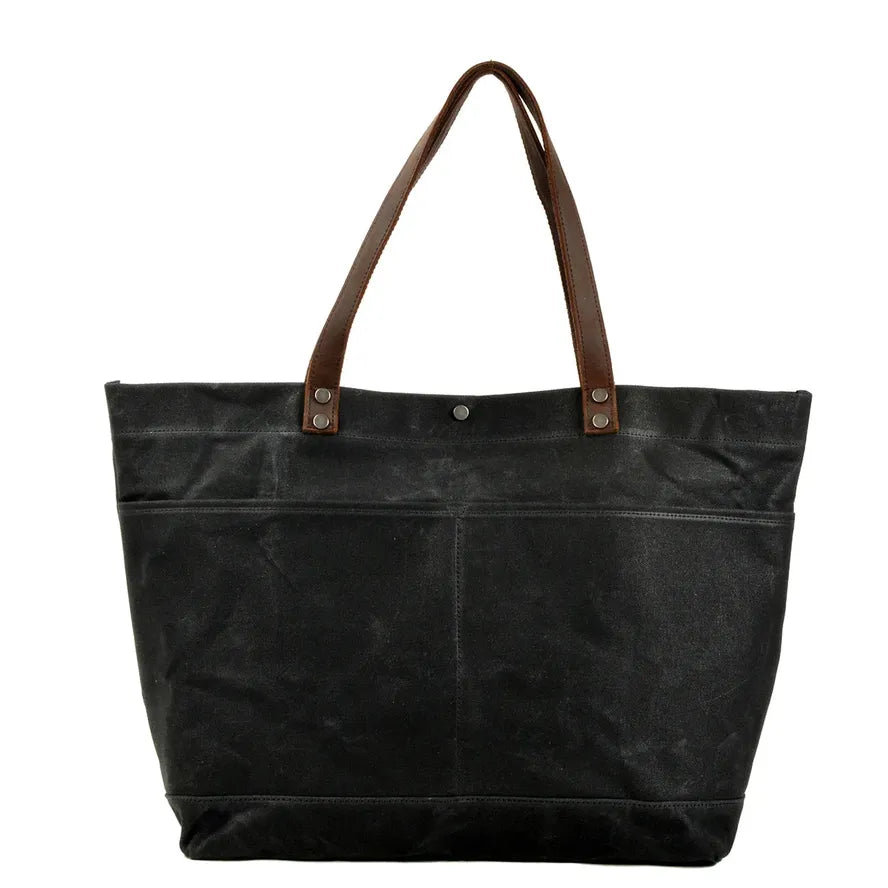 KTX-004307 Large Capacity Waxed Canvas Tote Bag with Genuine Leather Strap and Water-Resistant Design
