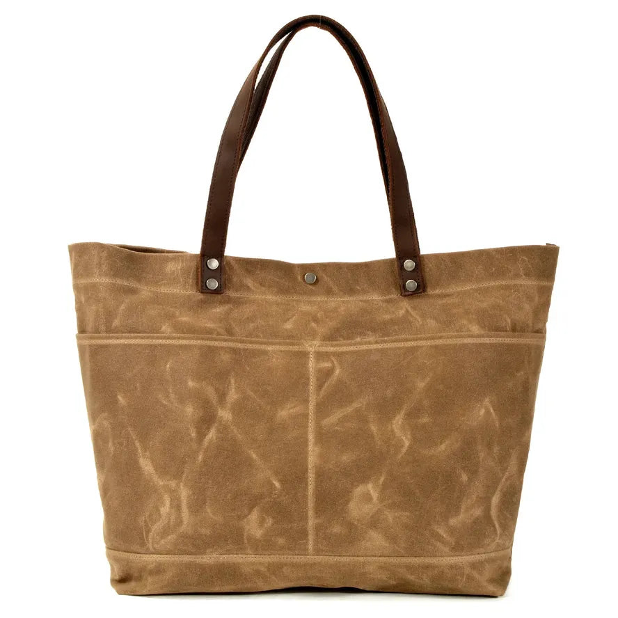 KTX-004307 Large Capacity Waxed Canvas Tote Bag with Genuine Leather Strap and Water-Resistant Design