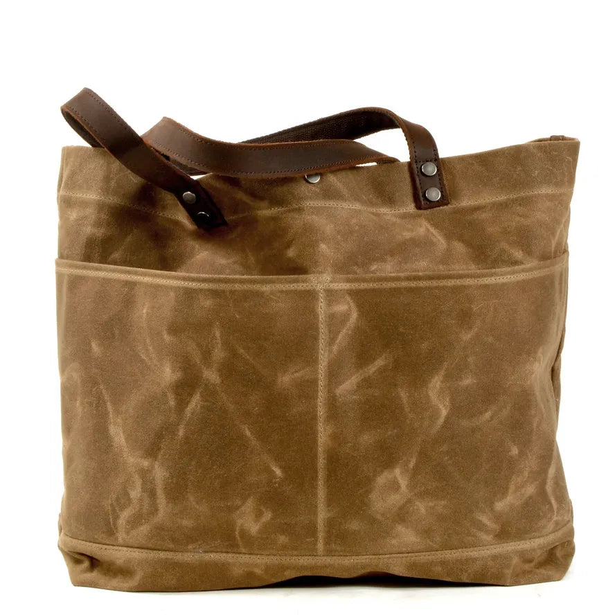 KTX-004307 Large Capacity Waxed Canvas Tote Bag with Genuine Leather Strap and Water-Resistant Design