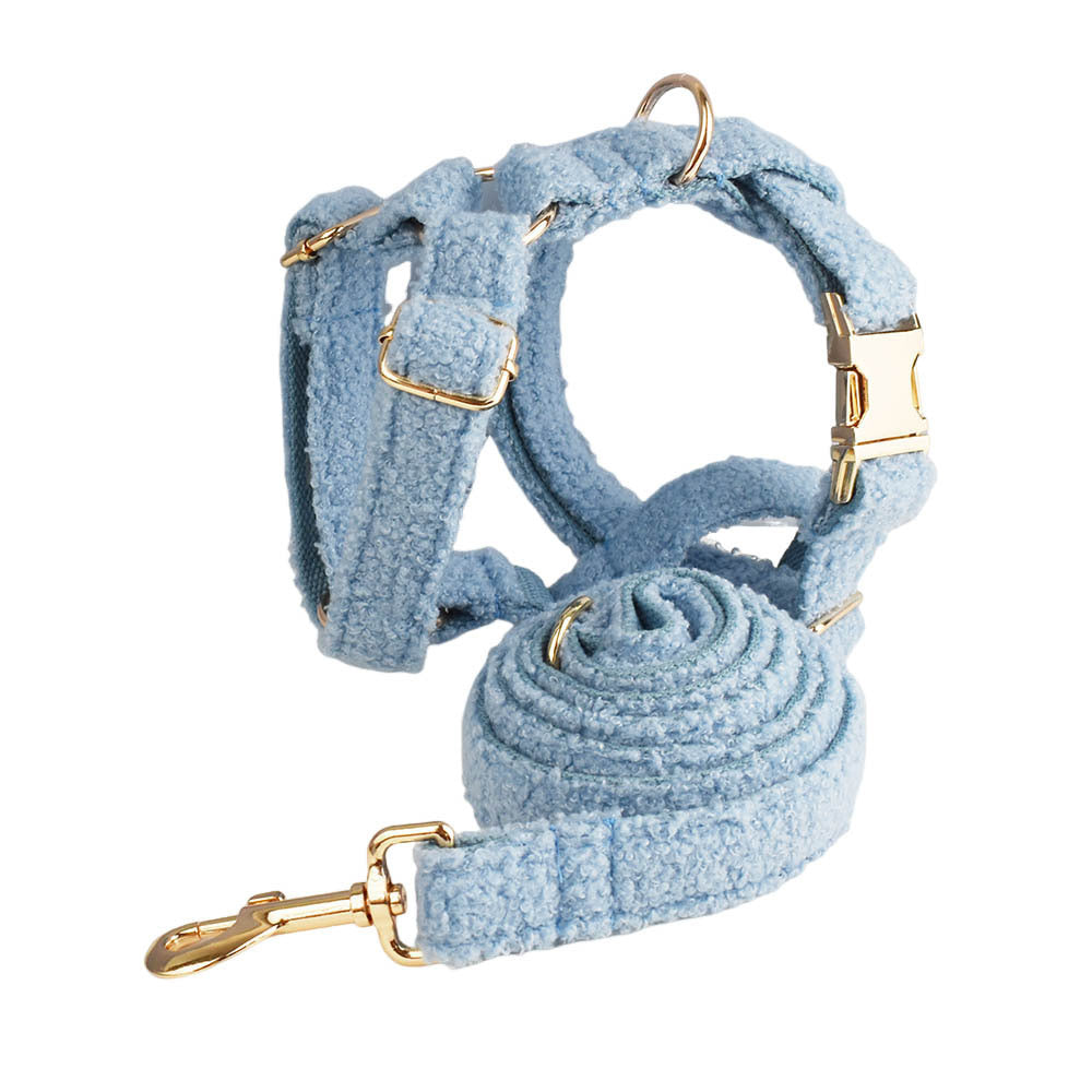HKM-107475 Blue Teddy Bear Dog Collar and Leash Set with Bow and Vest - Four-Piece Pet Accessories for Gifts