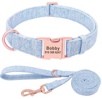 HKM-474387 Personalized Engraved Pet Dog Collar with Leash for Medium and Large Dogs - Available in Pink, Blue, Gray, and Brown
