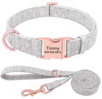 HKM-474387 Personalized Engraved Pet Dog Collar with Leash for Medium and Large Dogs - Available in Pink, Blue, Gray, and Brown