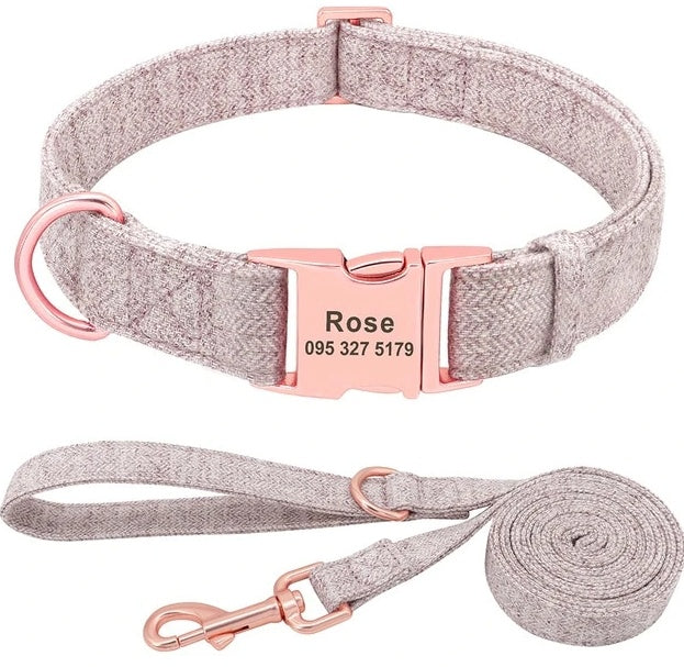 HKM-474387 Personalized Engraved Pet Dog Collar with Leash for Medium and Large Dogs - Available in Pink, Blue, Gray, and Brown