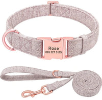 HKM-474387 Personalized Engraved Pet Dog Collar with Leash for Medium and Large Dogs - Available in Pink, Blue, Gray, and Brown