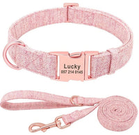 HKM-474387 Personalized Engraved Pet Dog Collar with Leash for Medium and Large Dogs - Available in Pink, Blue, Gray, and Brown