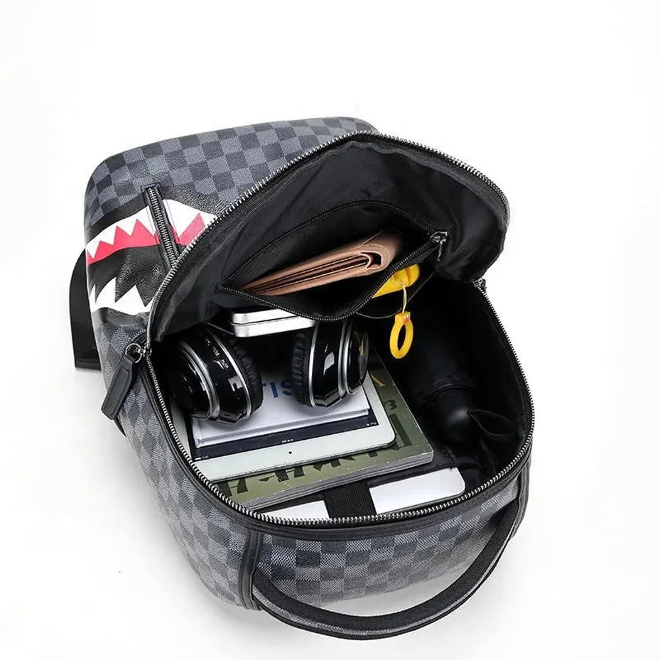 KTX-069843 Sprayground Backpack Large Capacity Waterproof PU Polyester Shark Design Laptop Black Backpack for School and Travel