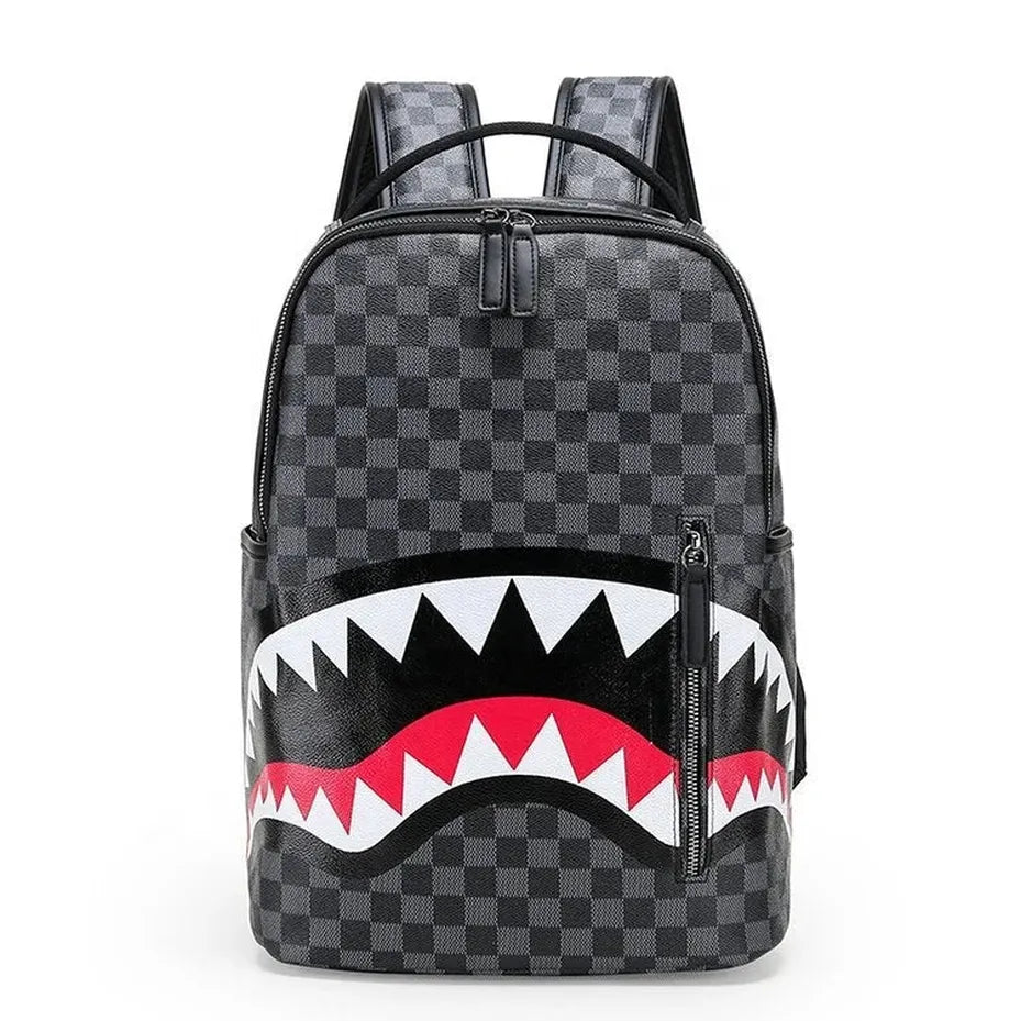 KTX-069843 Sprayground Backpack Large Capacity Waterproof PU Polyester Shark Design Laptop Black Backpack for School and Travel