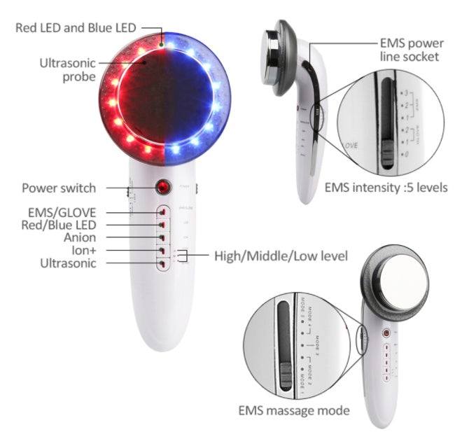 HKM-903059 6-in-1 Ultrasonic EMS LED Cavitation and Galvanic Therapy Device for Body Slimming and Skin Renewal