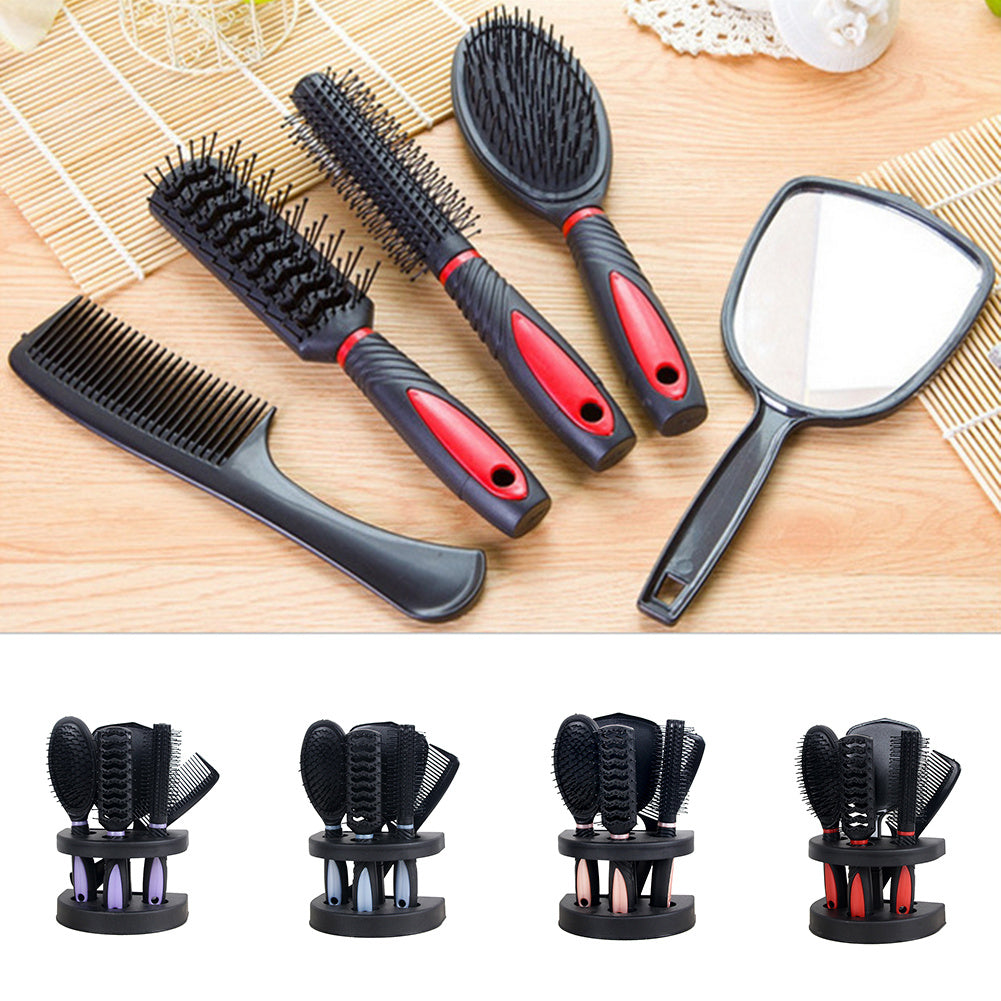 HKM-200595 5-Piece Anti-Static Hair Comb Set with Massage Features and Mirror