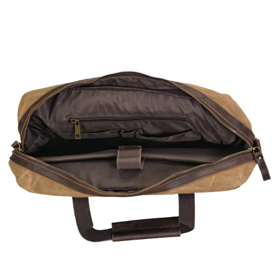KTX-876691 Waterproof Waxed Canvas Laptop Handbag with Leather Accents - 15.6 Inch Casual Briefcase for Work