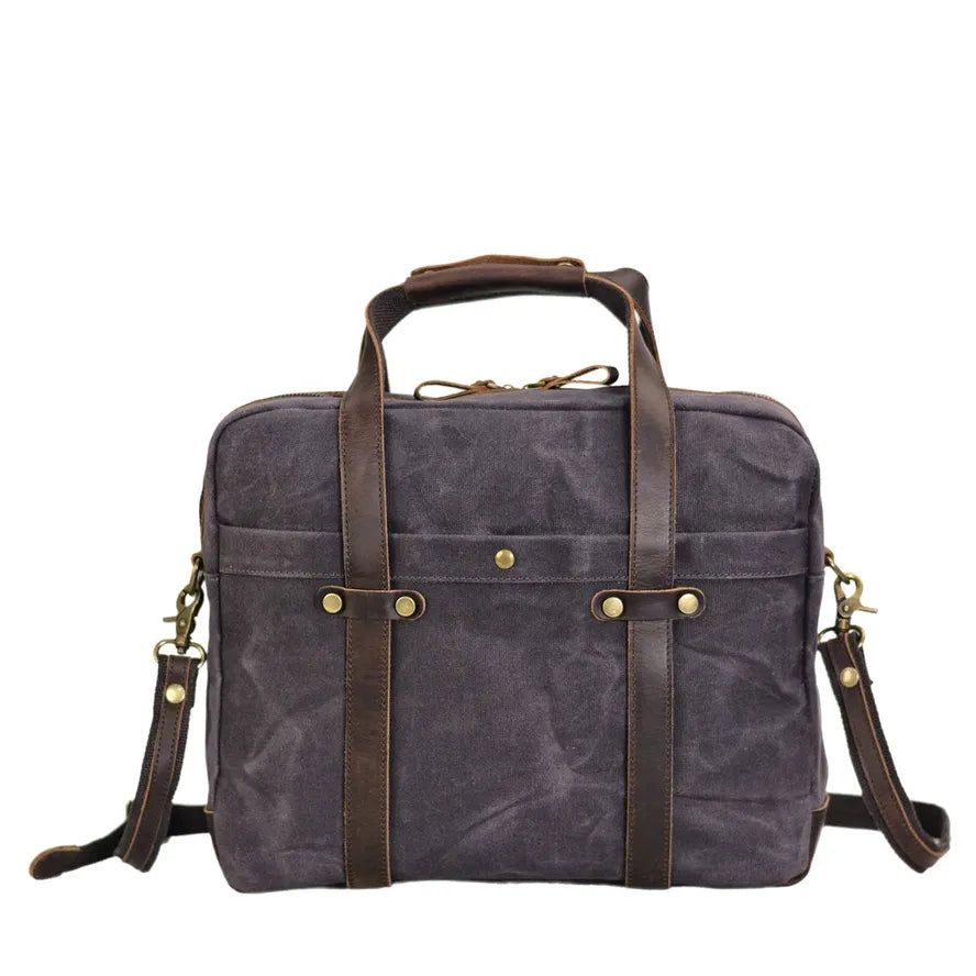 HKM-299731 Waterproof Waxed Canvas Laptop Handbag with Leather Accents - 15.6 Inch Casual Briefcase for Work