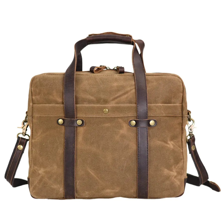 KTX-876691 Waterproof Waxed Canvas Laptop Handbag with Leather Accents - 15.6 Inch Casual Briefcase for Work