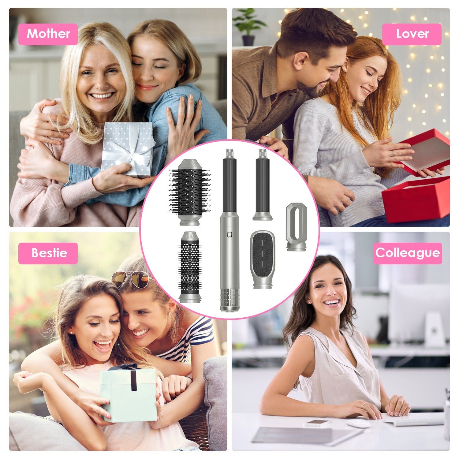HKM-598803 6-in-1 Hot Air Styler and Dryer Set with Interchangeable Heads, 3 Temperature Settings, and Automatic Curl Technology