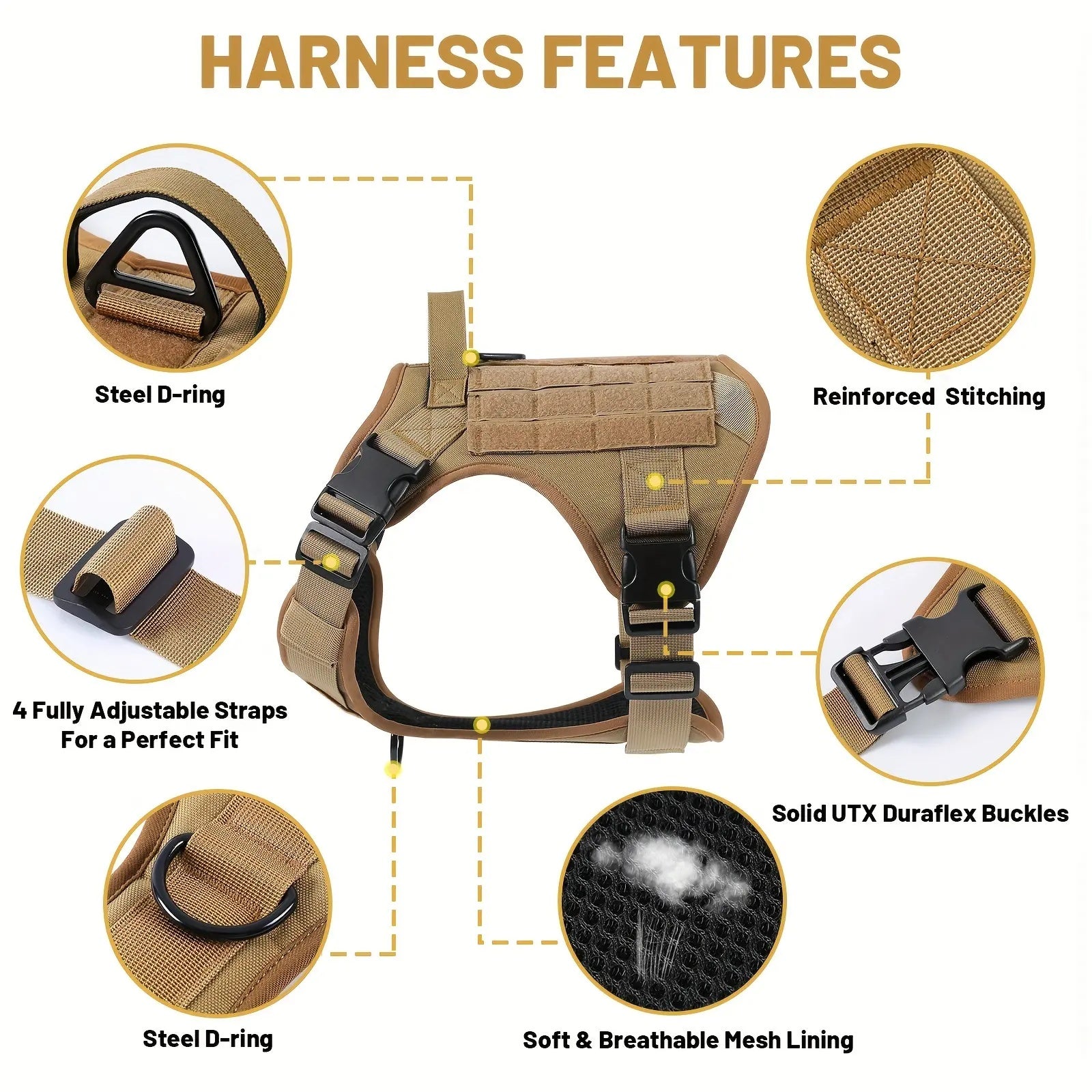 HKM-893459 Adjustable Tactical Pet Harness Vest for Service Dogs ¨C Breathable and Reflective with Metal Buckles