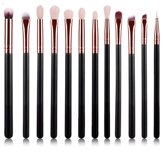 HKM-411347 Rose Gold 12-Piece Makeup Brush Set with Wooden Handles and Nylon Bristles