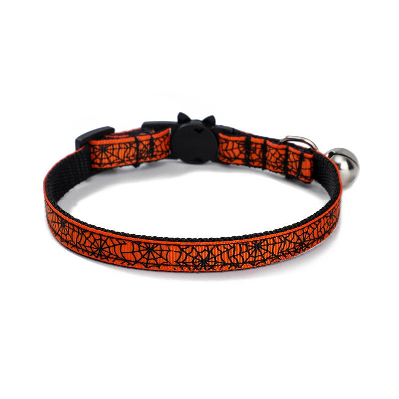 HKM-903187 Halloween-Themed Cat and Puppy Collar in Stripes ¨C Spider Web, Skull, Candy, and Pumpkin Patterns, Polyester Material, Size S (1.0*28cm)