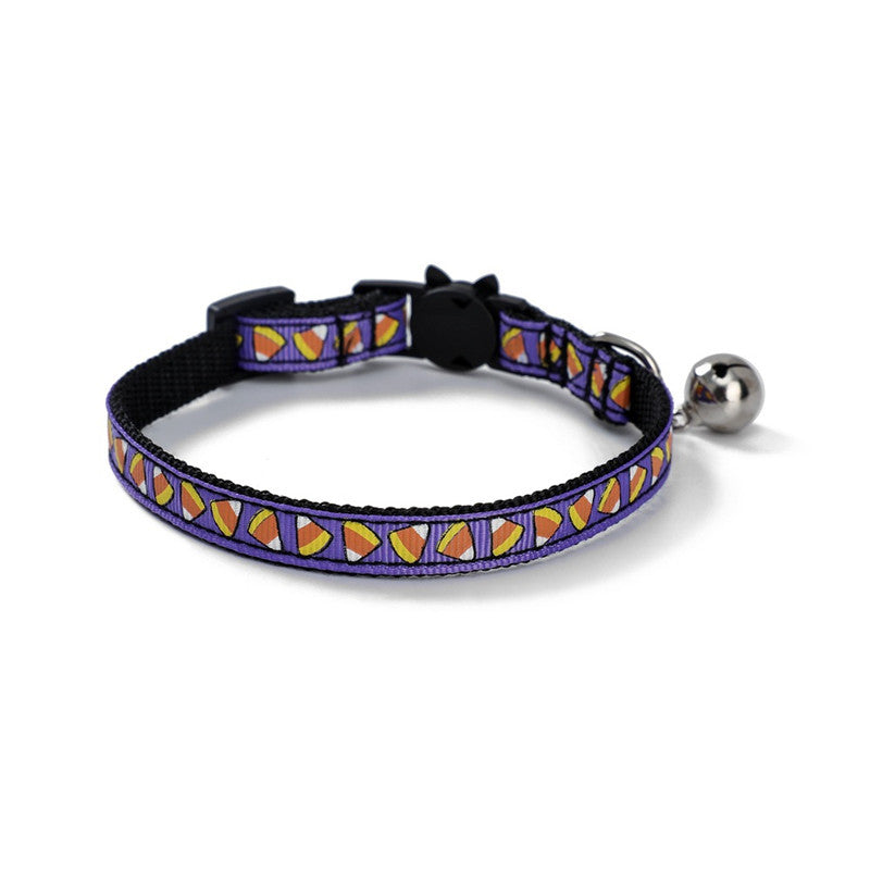 HKM-903187 Halloween-Themed Cat and Puppy Collar in Stripes ¨C Spider Web, Skull, Candy, and Pumpkin Patterns, Polyester Material, Size S (1.0*28cm)