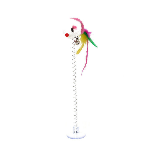 HKM-637395 Cat Spring Toy with Plush Mouse, Colorful Feather and Suction Cup - Pet Play Stick for Kittens