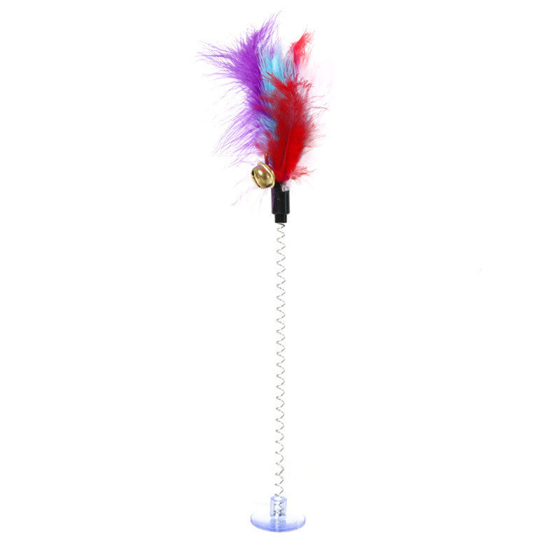 HKM-637395 Cat Spring Toy with Plush Mouse, Colorful Feather and Suction Cup - Pet Play Stick for Kittens