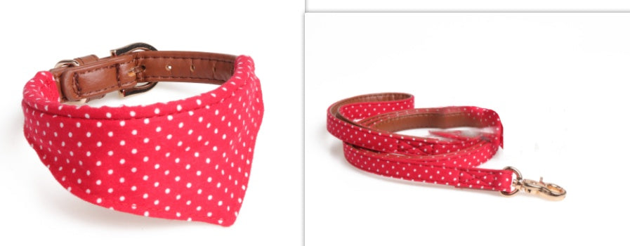 HKM-523795 Polka Dot Triangle Scarf and Leash Set for Pets - Adjustable PU Dog Accessories in Black, White, Red, Yellow