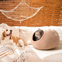 HKM-903635 Handcrafted Wool Cat Cave Bed - Cozy Felt Hideaway for Indoor Cats & Kittens, Grey, Medium Size