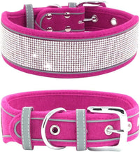 HKM-997203 Suede Reflective Dog Collar with Soft Comfort Hand-Holding Rope in Multiple Rhinestone Styles