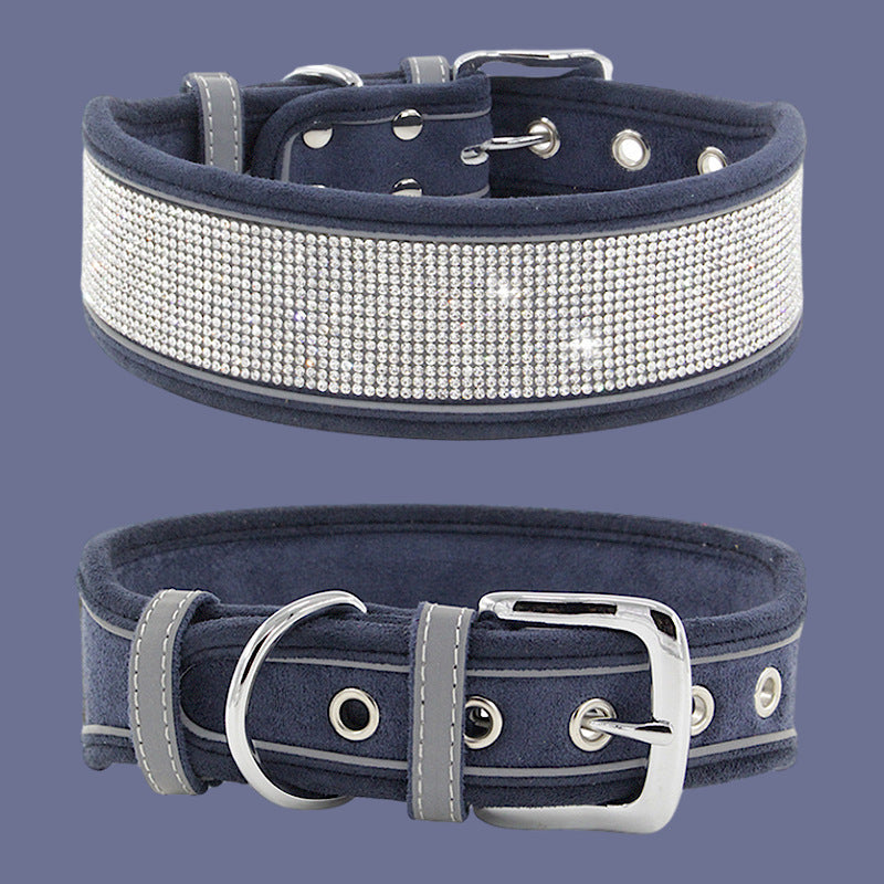 HKM-997203 Suede Reflective Dog Collar with Soft Comfort Hand-Holding Rope in Multiple Rhinestone Styles