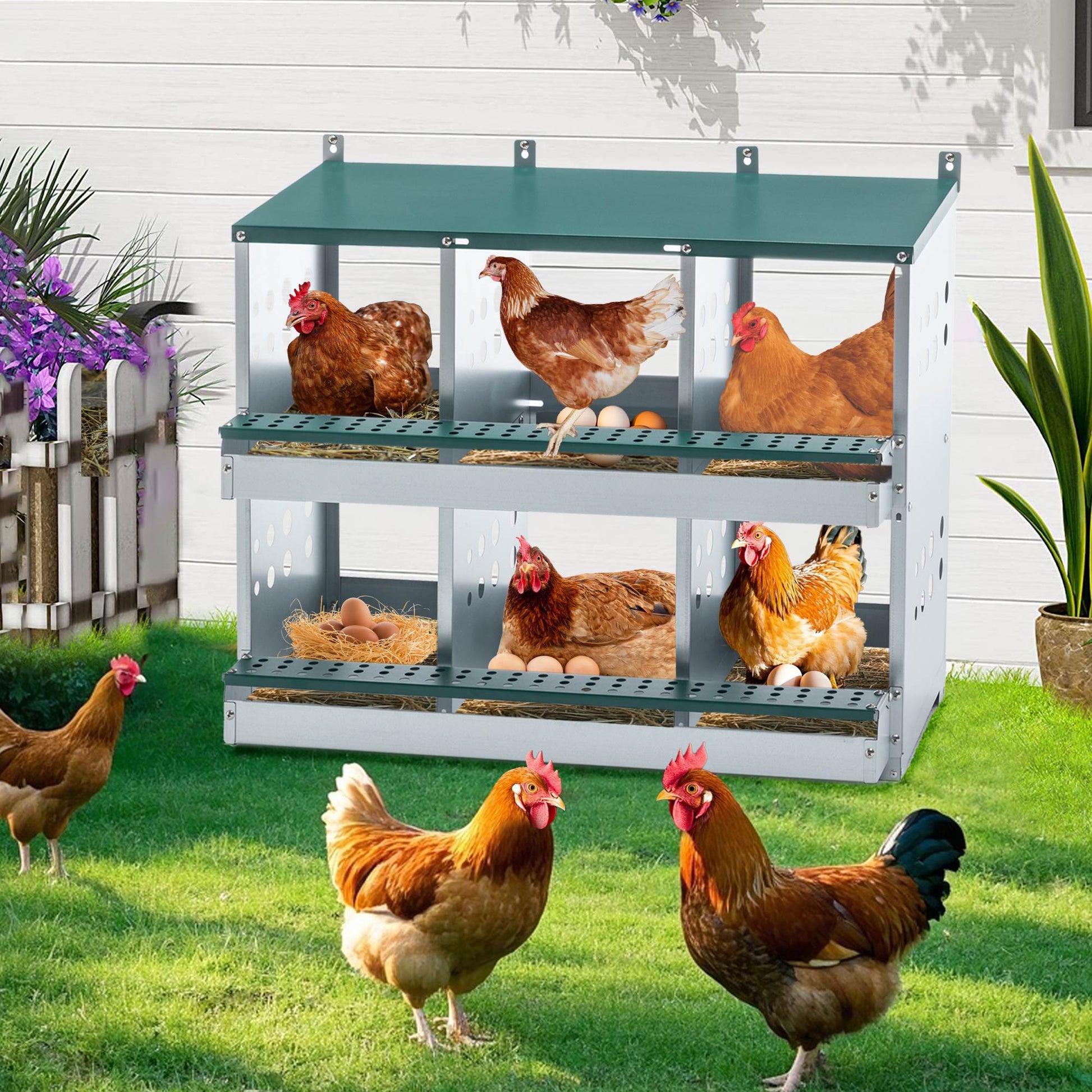 HKM-957139 Roll Away 6 Compartment Chicken Nesting Box with Easy Egg Collection and Cleaning System, Green