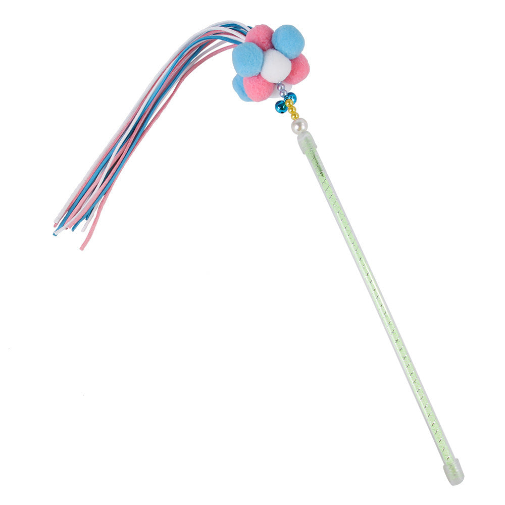 HKM-665555 Interactive Cat Tease Stick in Candy Colors with Soft Korean Velvet Ball for Dental Care and Stress Relief