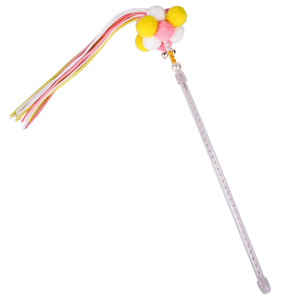 HKM-665555 Interactive Cat Tease Stick in Candy Colors with Soft Korean Velvet Ball for Dental Care and Stress Relief
