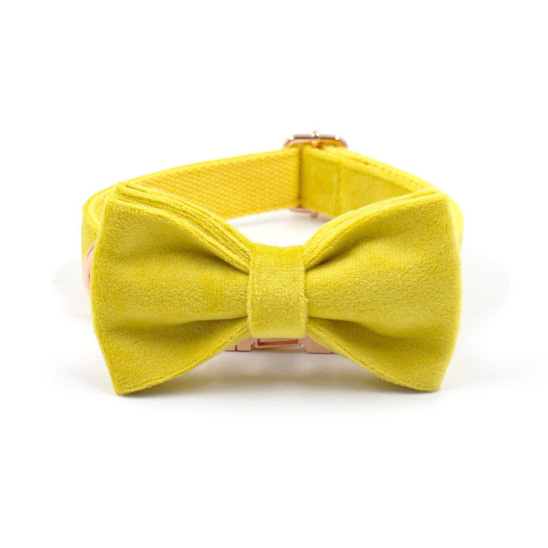 HKM-930515 Rose Gold Buckle Yellow Velvet Dog Collar with Engravable Bow Tie - Available in Multiple Sizes