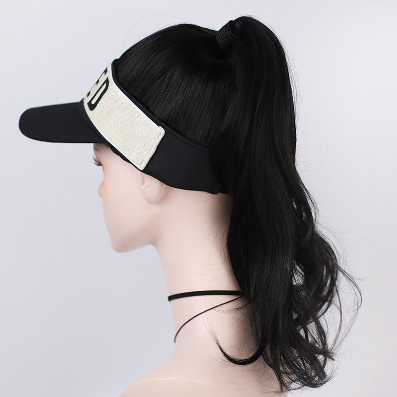 HKM-051411 Long Black Wig with Baseball Hat - Matte High Temperature Silk, Detachable Frame, 35CM Horsetail Length