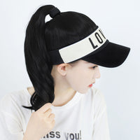 HKM-051411 Long Black Wig with Baseball Hat - Matte High Temperature Silk, Detachable Frame, 35CM Horsetail Length